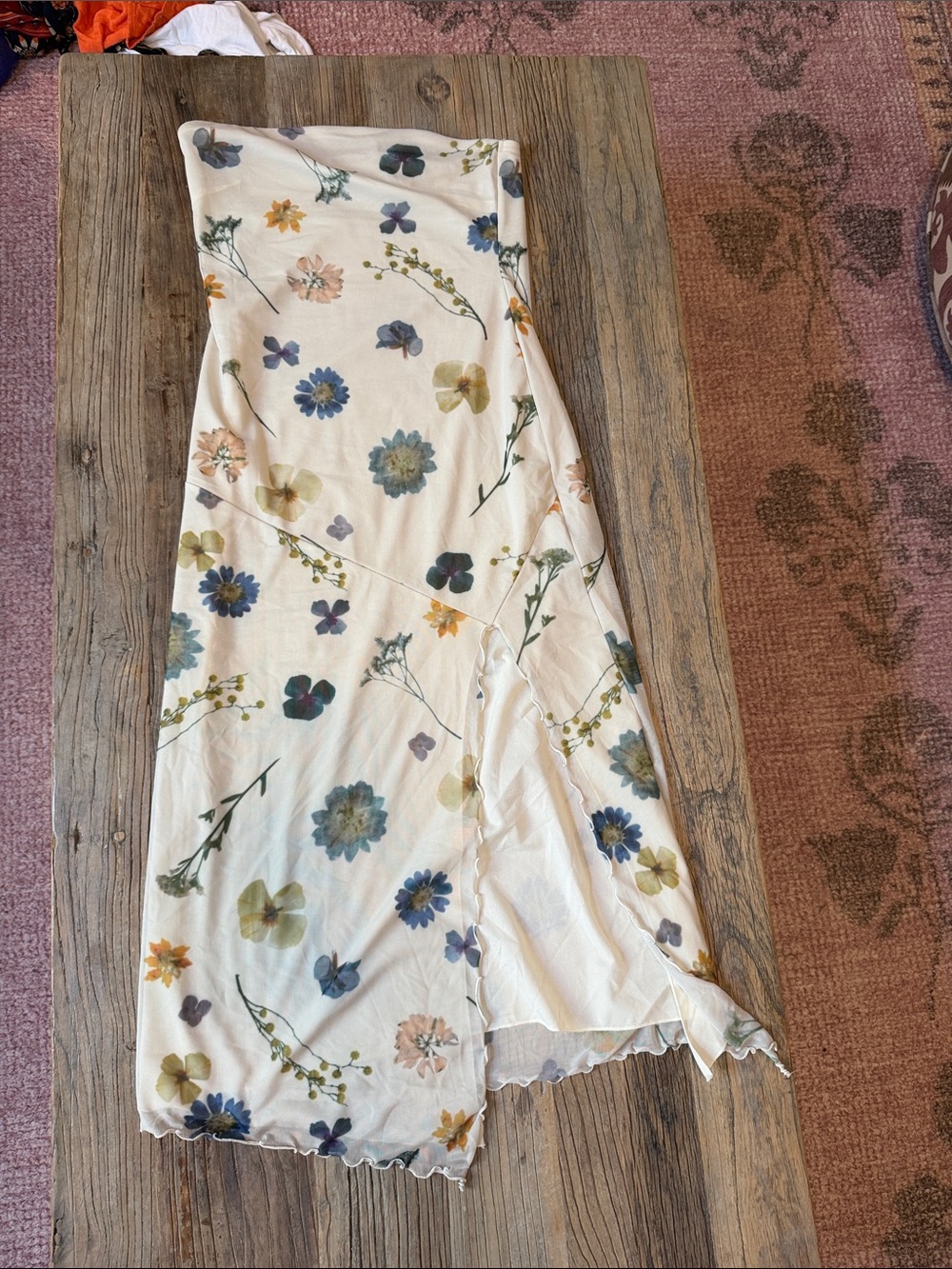 Urban Outfitters Cream Strapless Floral Midi Dress with Blue & Green Blooms
